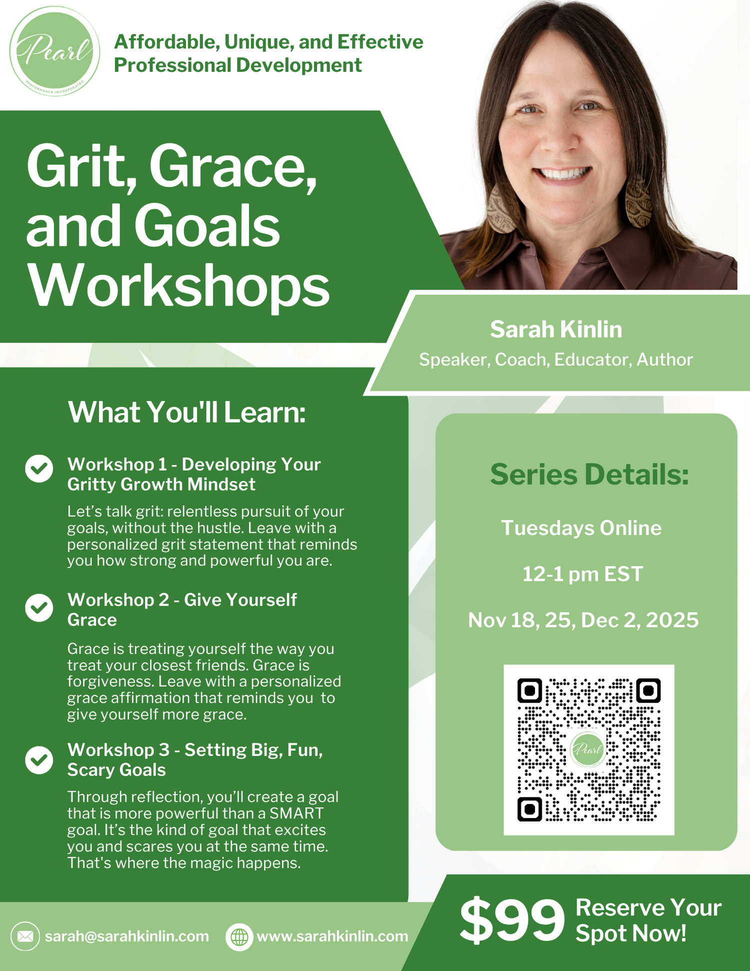 Advertisement for Grit, Grace, and Goals Workshops with a woman's face and workshop details.