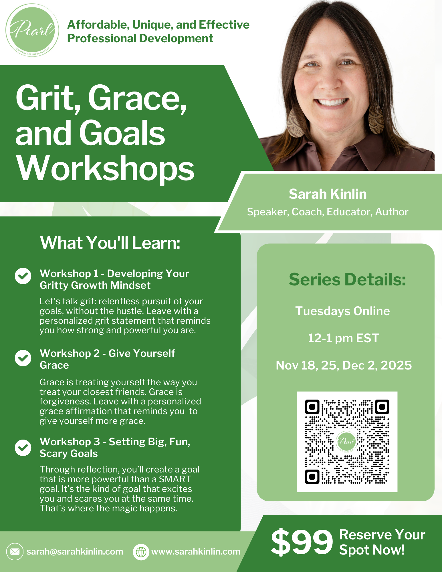 Advertisement for Grit, Grace, and Goals Workshops with a woman's face and workshop details.