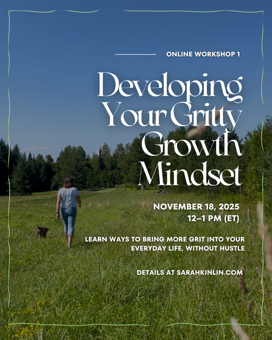 Advertisement for an online workshop on developing a growth mindset with a person walking a dog in a field.