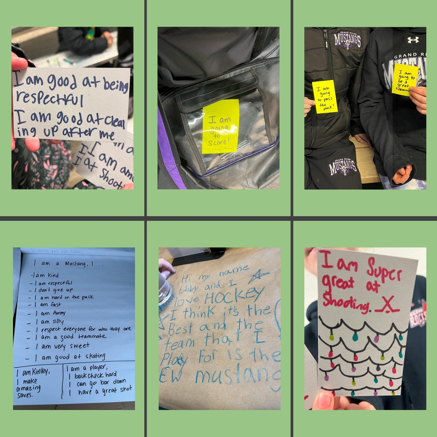 Collage of handwritten notes and signs held by people, with a green border.