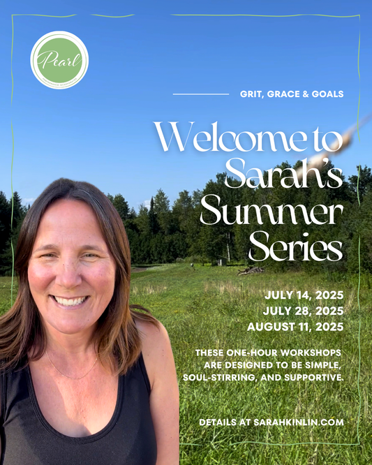 Promotional flyer for Sarah's Summer Series with a woman in a field and 'Pearl' branding.