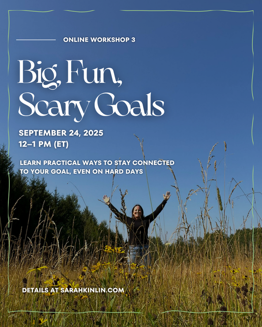 Promotional flyer for an online workshop titled 'Big, Fun, Scary Goals' with a Sarah Kinlin standing in a field.