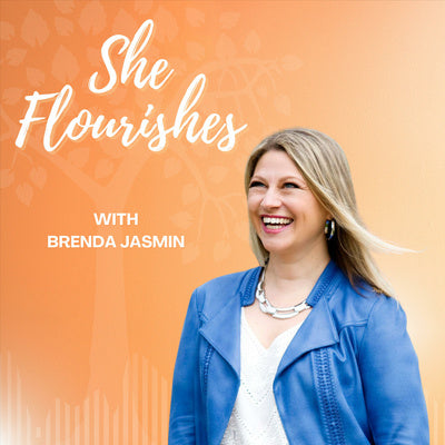 The podcast cover for the She Flourishes podcast. An orange background with a photo of Brenda Jasmin smiling and white text "She Flourishes with Brenda Jasmin"