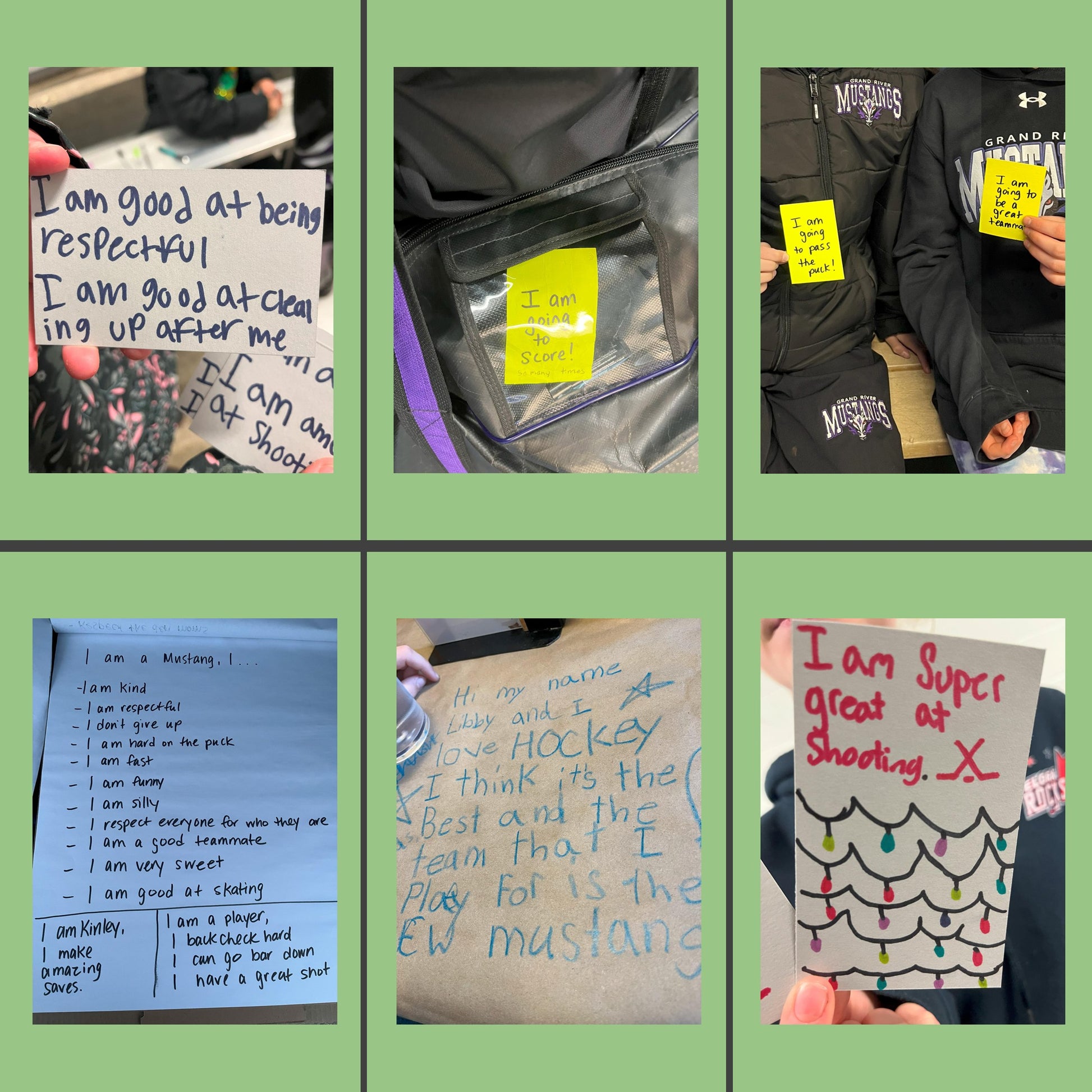 Collage of handwritten notes and signs held by people, with a green border.