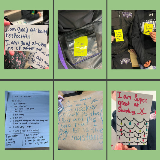 Collage of handwritten notes and signs held by people, with a green border.